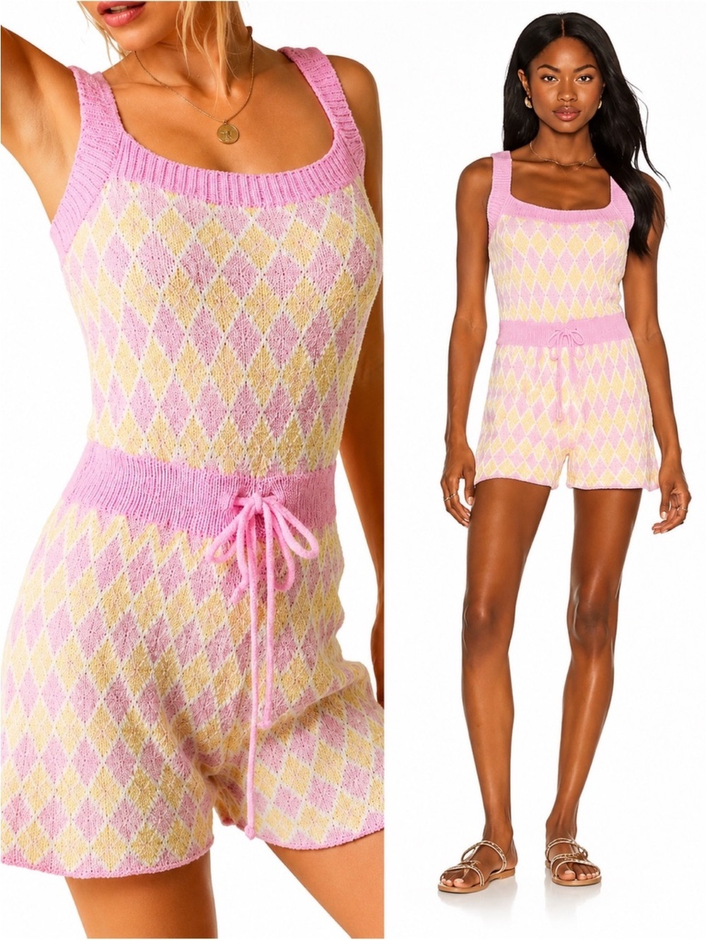 Free People Intimately Argyle Knit Romper S Pink Yellow Coquette Balletcore